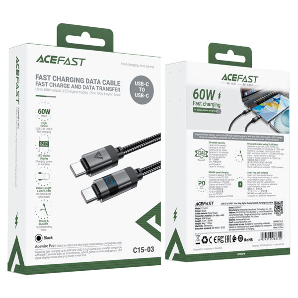 ACEFAST C15-03 60W Type-C to Type-C Fast Charging Cable with Digital LED Wattage Display price in bangladesh