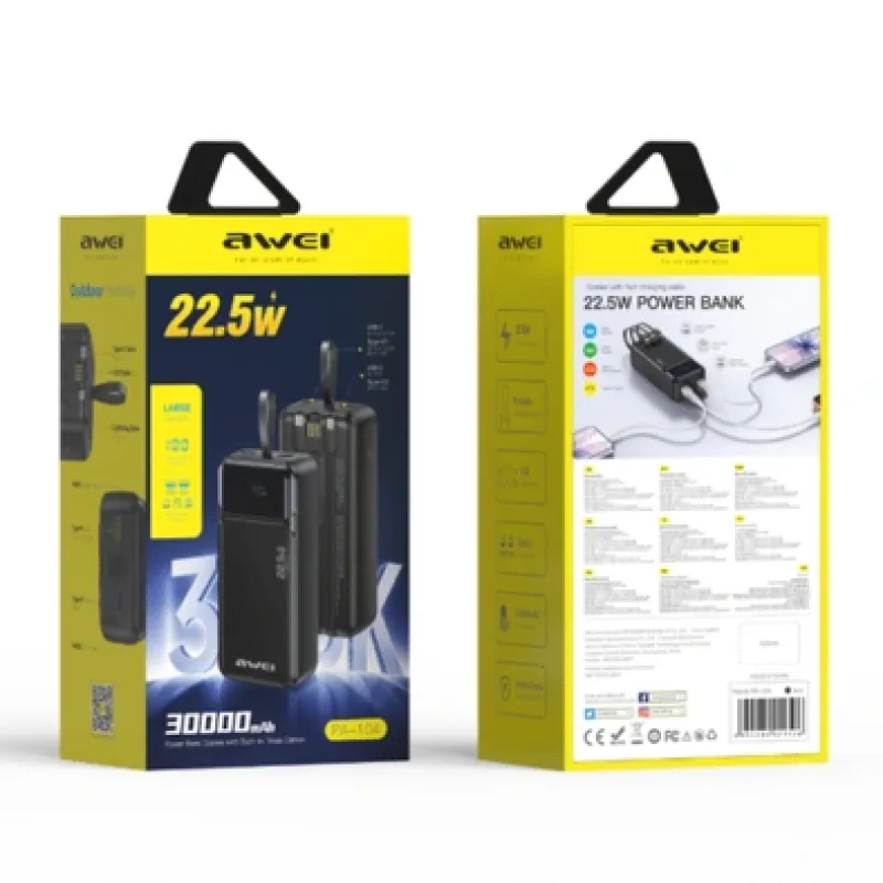 AWEI PA-104 30000mAh Power Bank 22.5W Fast Charging with Built-in Type-C Cable price in bangladesh