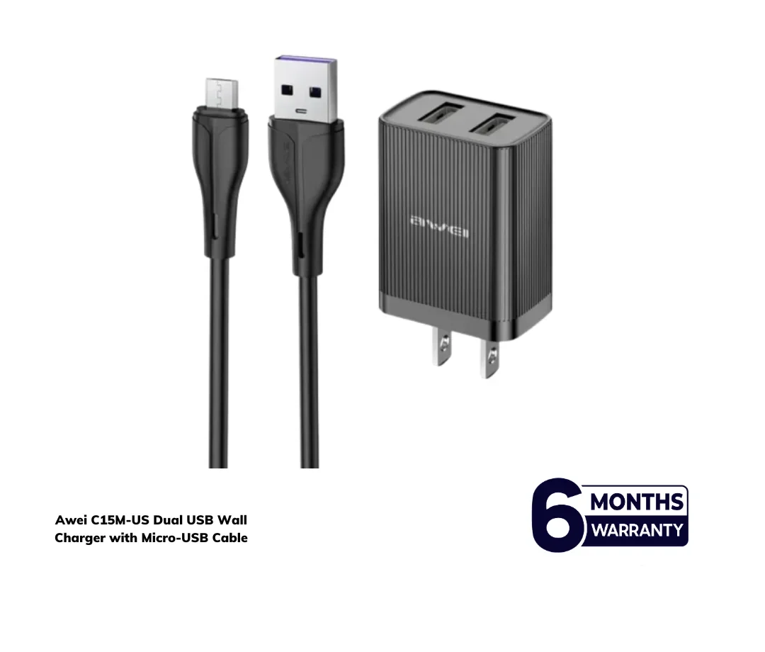 Awei C15M US 10W Dual USB Wall Charger Block with Micro USB Cable