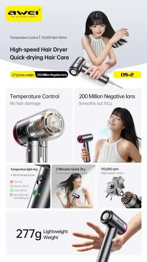 Awei DS-2 Powerful Lightweight Hair Dryer with Smart Heat Control price in bangladesh