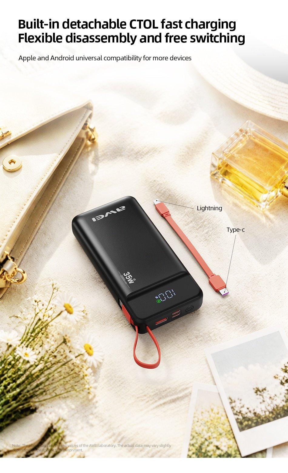 Awei S22 35W 20000mAh Power Bank with Built-in Type-C & Lightning Cables price in bangladesh