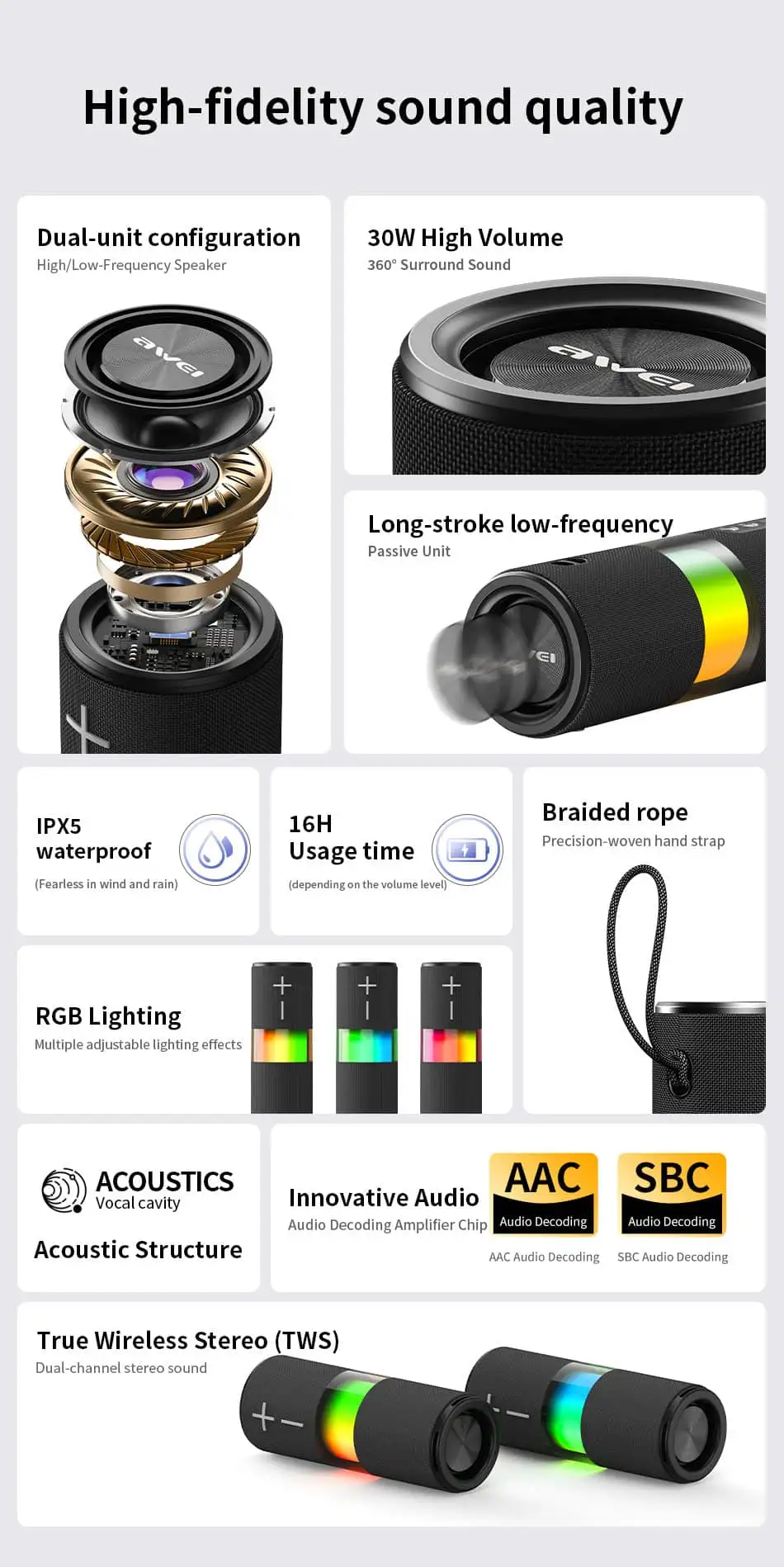 Awei Y669 Lite 30W Portable Bluetooth Speaker with RGB Light