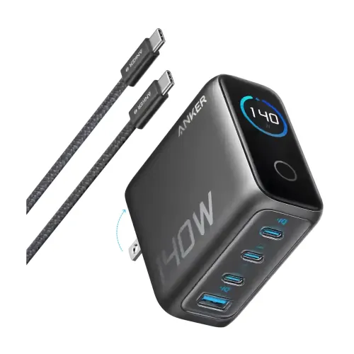 Anker Zolo 140W charger adapter charging a laptop and smartphone simultaneously