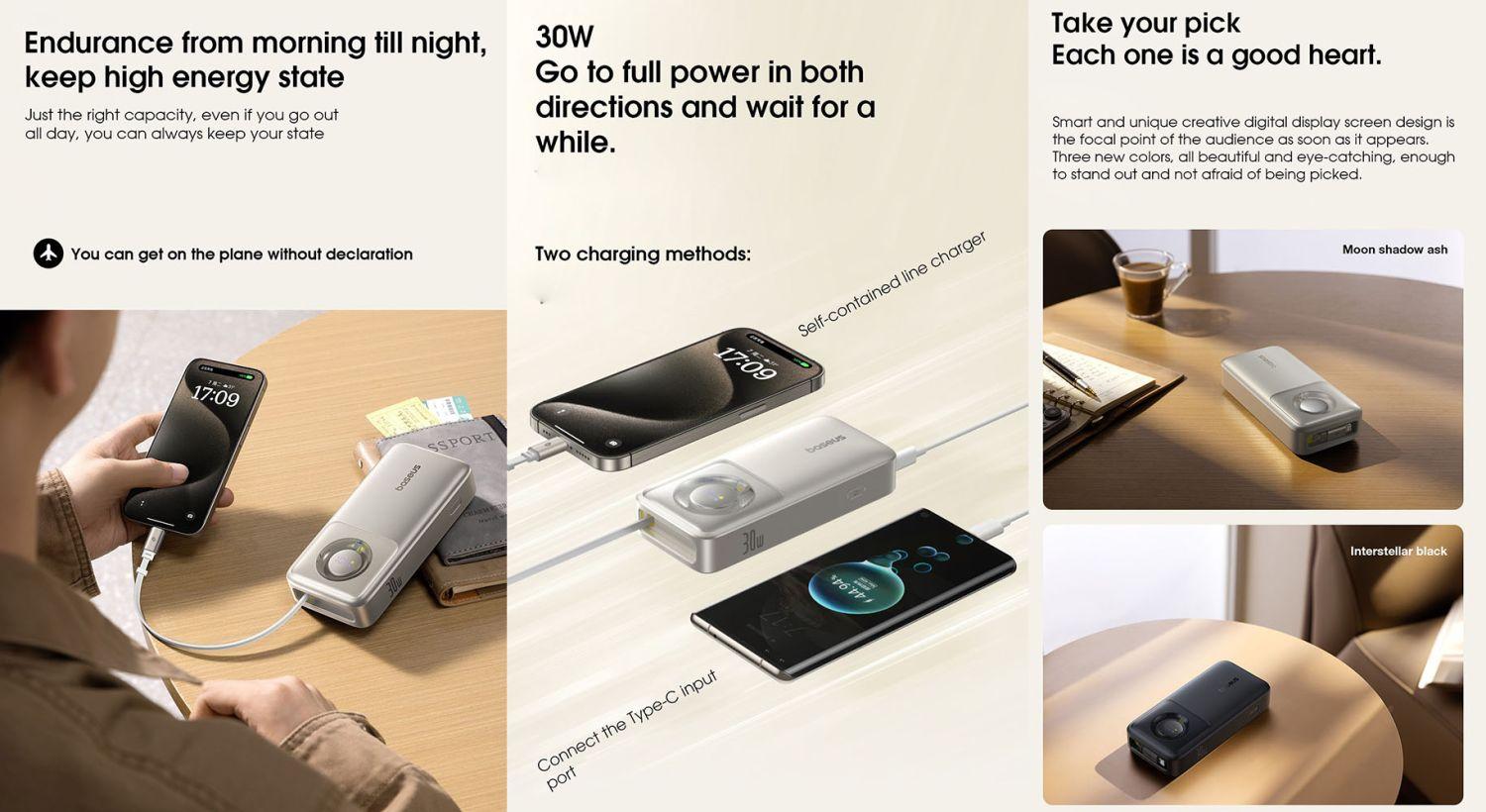 Person charging a smartphone using the Baseus NOMOS 30W portable charger