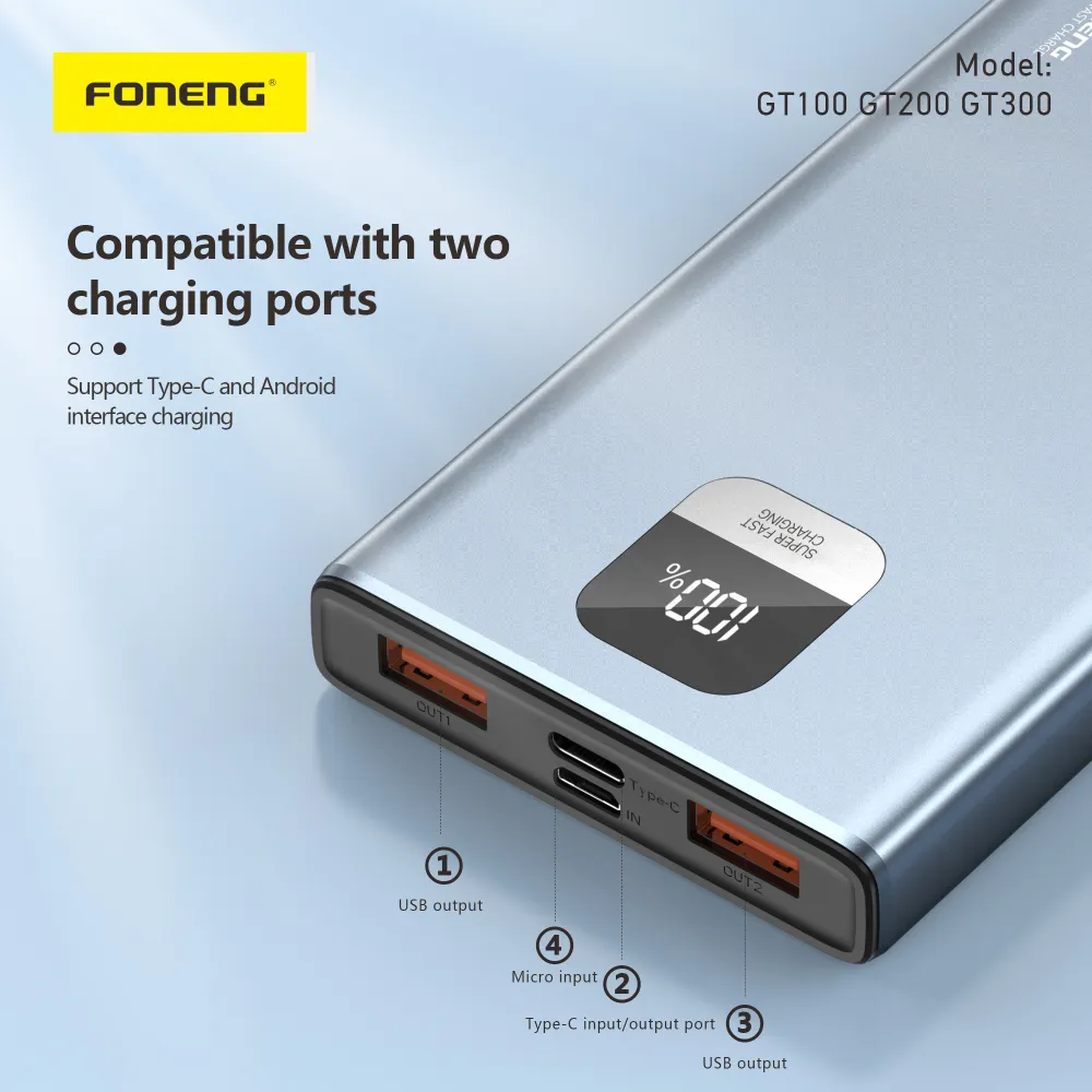 Close-up view of Foneng GT200 power bank output ports and power indicators