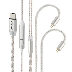 Close-up view of KEFINE Loric earbud showing detachable 2-pin connector