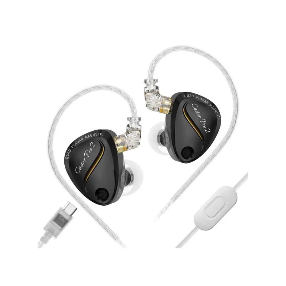 Person wearing KZ Castor Pro 2 tunable in-ear earphones with over-ear cable fit