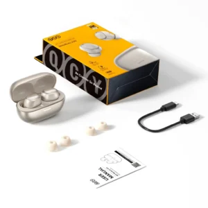 Close-up of QCY A30 MeloBuds showing ergonomic in-ear stem design