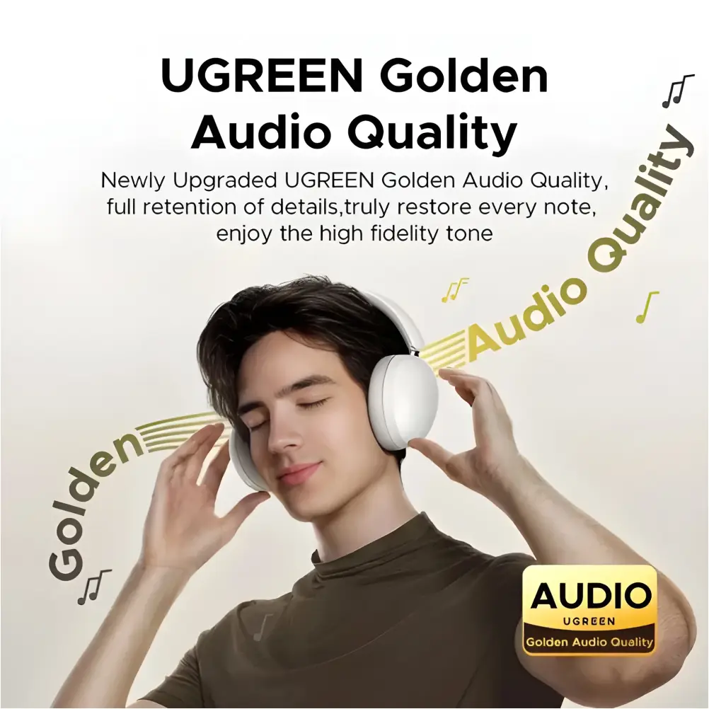 Person wearing UGREEN Studio Max2 overhead headphones listening to music comfortably