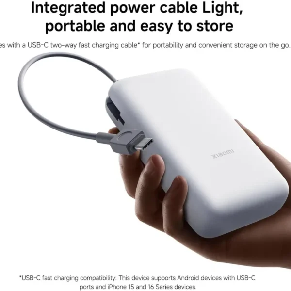 Close-up view of Xiaomi PB2020MI power bank output ports and power status LED lights